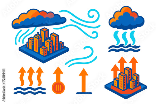 Weather Dynamics Visualization. Isometric vector illustration set Forecast Cloud Dynamics: incoming stratus front over cityscape,