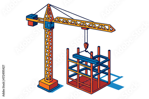 Tower Crane Construction. Isometric vector illustration set Tower Crane at Work: tall construction crane with boom extended, hook