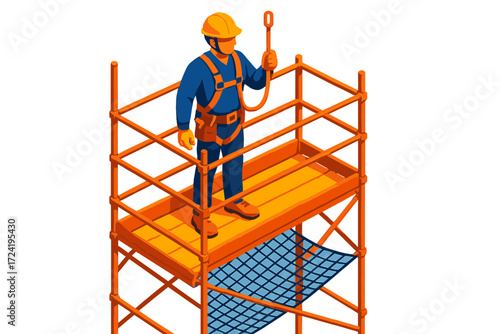 Scaffold Safety Illustration. Isometric vector illustration set Worker Safety on Scaffold: construction worker with hard hat and