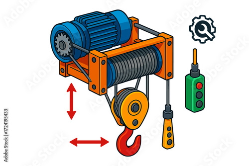 Crane Cable Mechanism. Isometric vector illustration set Crane Cable Mechanism: winch system connected to hook, pulley assembly