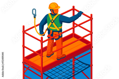 Scaffold Safety Illustration. Isometric vector illustration set Worker Safety on Scaffold: construction worker with hard hat and
