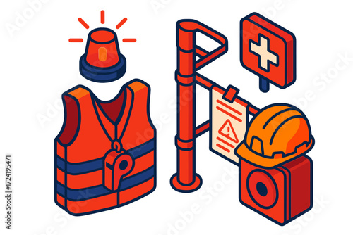 Emergency Alert Setup. Isometric vector illustration set Emergency Alert Setup: whistle hanging from vest, helmet resting on alarm