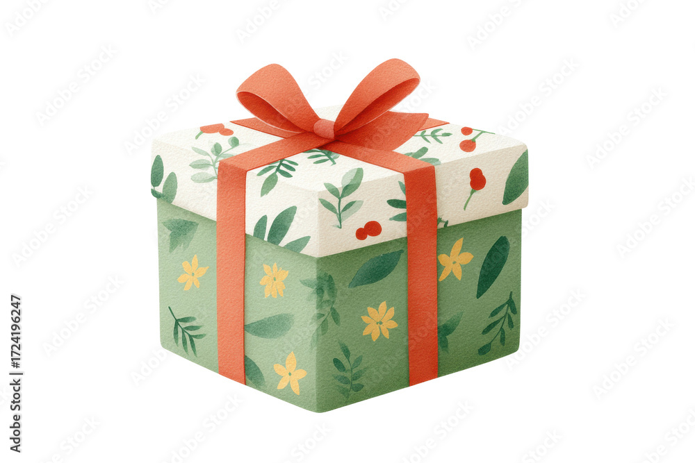 Obraz premium Decorative floral gift box with red ribbon and green pattern, cut out