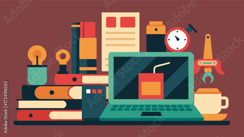 A cozy and cluttered artisan workshop boasts a vintage laptop propped up on a stack of antique books offering a modern touch amidst the traditional tools and artwork.. Vector illustration