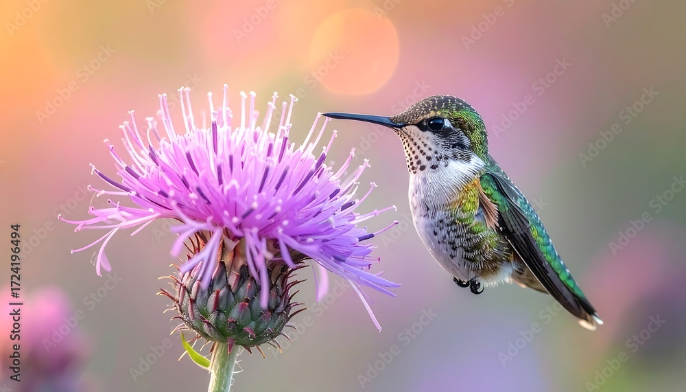 Fototapeta premium Hummingbird on a purple thistle flower. Soft, pastel colors