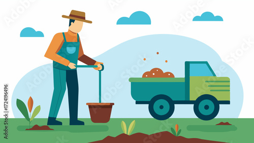 A farmer using a smart manure spreader applying manure in precise and controlled amounts to avoid overfertilization.. Vector illustration