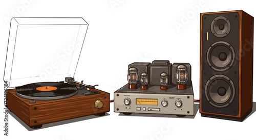 Vintage audio setup with record player, tube amplifier, and speakers