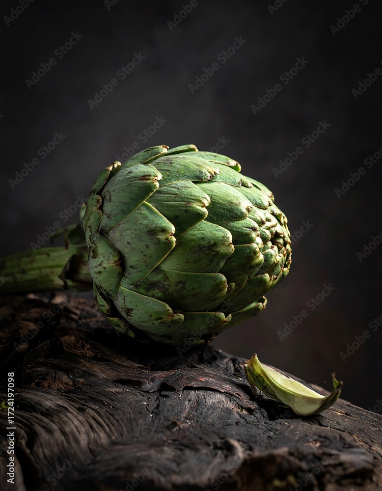 Fototapeta premium Close-up of a fresh artichoke on a wooden surface