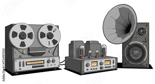 Vintage audio equipment: reel to reel, amplifier, and speaker set