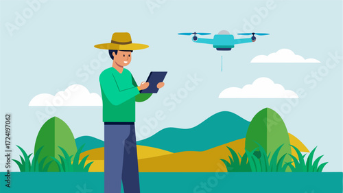 A farmer uses a smart drone to survey his rice paddies analyzing water levels and soil moisture to make informed decisions about irrigation systems.. Vector illustration