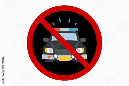 Vector illustration of prohibition sign with police car symbol, red circle and diagonal line indicating no police vehicles, restricted area, or security regulation.	
