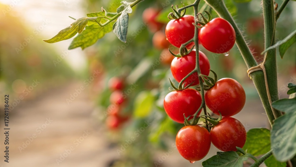 Fototapeta premium Tomato Plant in Greenhouse: A close-up shot captures the vibrant beauty of a tomato plant in a sun-drenched greenhouse, showcasing ripe, juicy tomatoes ready for harvest.