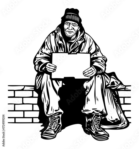 Homeless Man Sitting with Blank Sign Vector Illustration