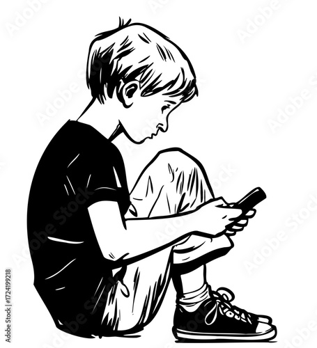 Sad Boy Sitting with Smartphone Vector Illustration