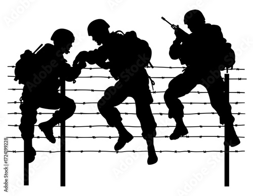 Soldiers Helping Each Other Over Barbed Wire Fence Silhouett