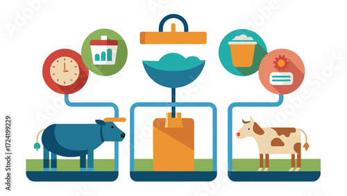A customizable feeding schedule allows for different feed types to be dispensed at different times ensuring a balanced and wellrounded diet for the cattle.. Vector illustration