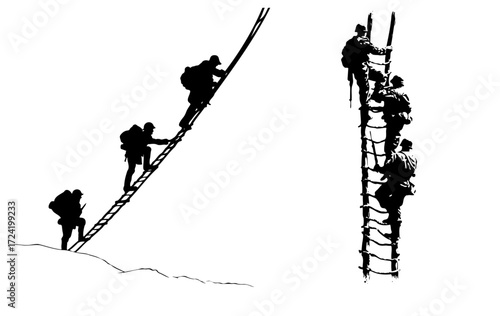 Military Soldiers Climbing Rope Ladder Silhouette