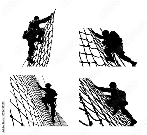 Military Soldier Climbing Cargo Net Silhouette