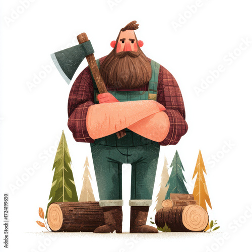 Tall lumberjack with a thick beard holding an axe against a backdrop of tall trees and logs in a forest setting, wearing a plaid shirt and overalls.