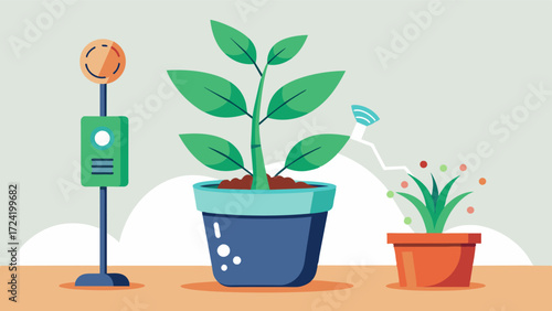 A closeup shot of a soil nutrient sensor being p in a potted plant demonstrating how the technology can be implemented on a smaller scale for home gardening and indoor agriculture.. Vector