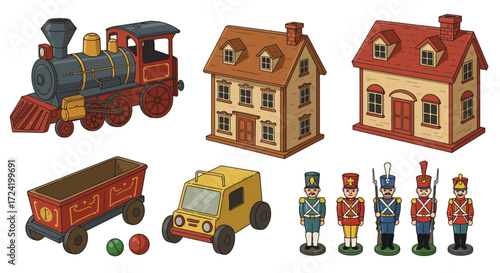 Vintage toys set featuring train, houses, and soldiers in retro style