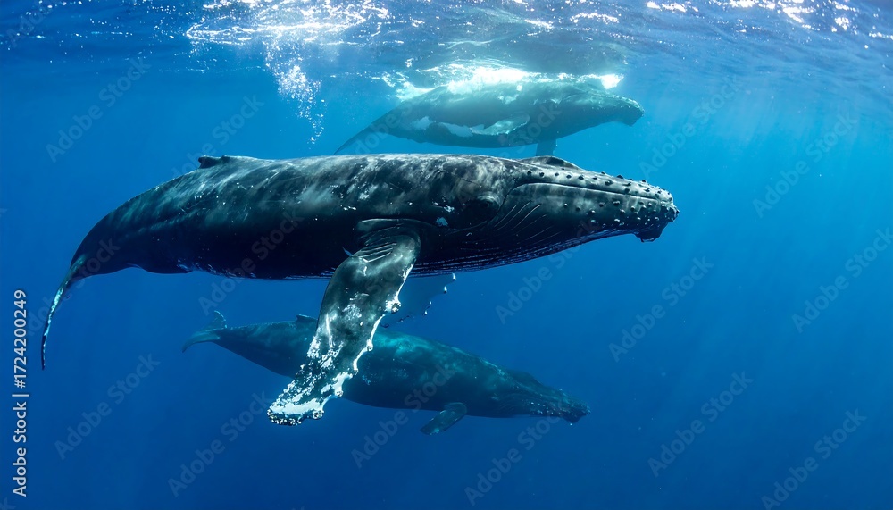 Obraz premium Humpback whales surfacing in turquoise water