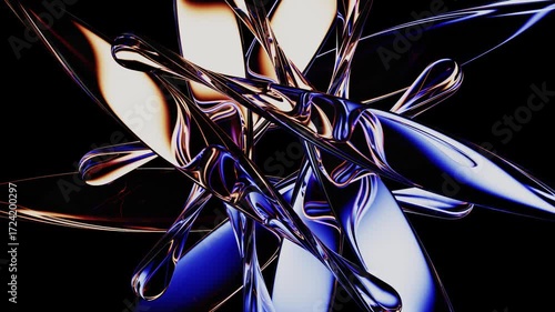 Neon glass flower shape with glowing yellow blue light effect on black background. Abstract geometric circular pattern of transparent spiral lines in radiant colors. Digital tech design, 3d animation.