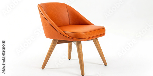 Modern orange chair with wooden legs on a white background