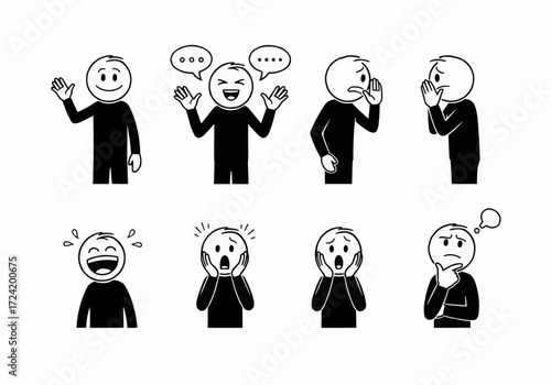 Collection of stick figure illustrations depicting various human emotions and expressions in black and white.