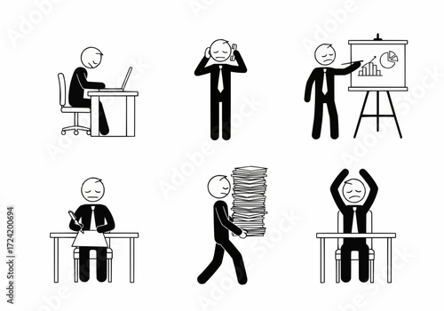 Set of stick figure icons depicting a stressed and overworked businessman in various office situations like presentations, paperwork, and computer work.