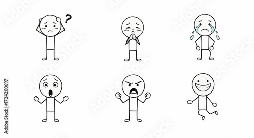 A collection of six simple line drawings depicting various human emotions and expressions.