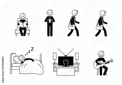 Collection of stick figure pictograms showing various daily life activities and hobbies like reading, walking, sleeping, and playing guitar.