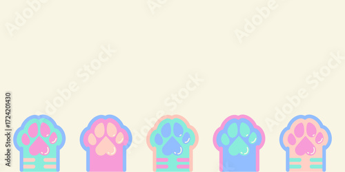 Cat paw different colors tabby vector background. Kitten multicolored colorful footprint logo, icon, banner in vibrant colors. Kawaii cute doodle vector illustration isolated on blue background. 