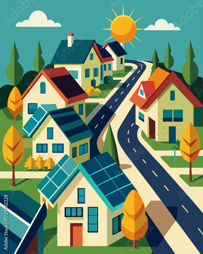 A suburban culdesac with traditionally styled homes each one equipped with solar panels on their rooftops to reduce their carbon footprint.. Vector illustration