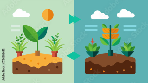 A beforeandafter comparison of digital soil maps is depicted showcasing the improvements in soil health and crop yield after implementing datadriven management practices.. Vector illustration