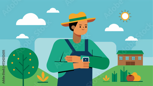 A farmer wearing a smarch that tracks their daily activity and provides insights on their physical health aiding in better decisionmaking for crop management.. Vector illustration