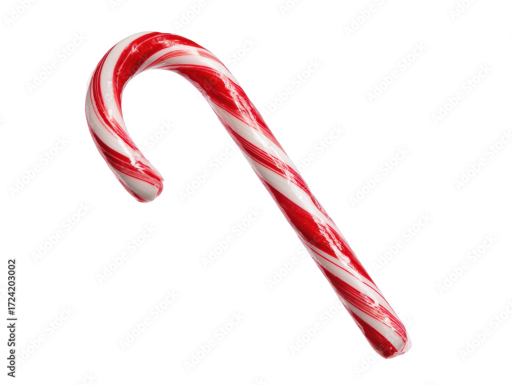 Fototapeta premium Classic candy cane in red and white stripes for festive decor on a transparent background, cut out