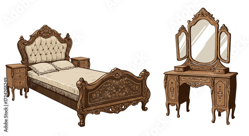 Luxurious antique bedroom furniture with ornate wooden bed and elegant vanity…