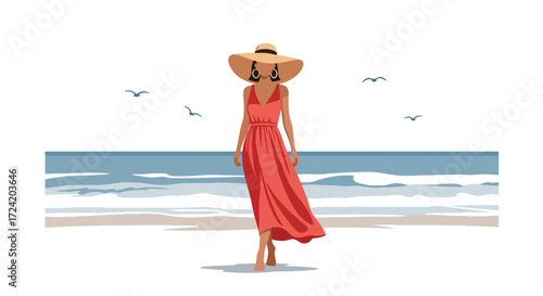 Flat style illustration of a woman in a summer dress walking barefoot on the beach at sunset, symbolizing relaxation, vacation, seaside lifestyle, and peaceful coastal travel