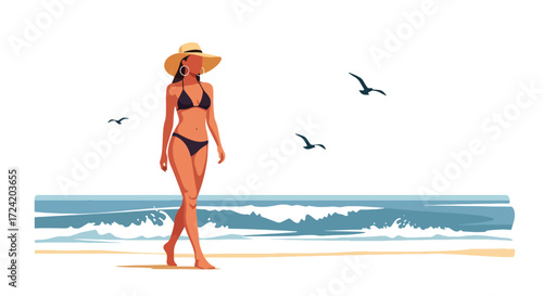 Flat style illustration of a woman in a bikini walking along the beach with waves and seagulls, symbolizing summer vacation, relaxation, seaside lifestyle, and coastal travel inspiration