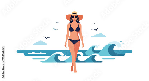 Flat style illustration of a woman in a bikini walking along the beach with waves and seagulls, symbolizing summer vacation, relaxation, seaside lifestyle, and coastal travel inspiration