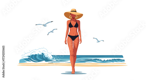 Flat style illustration of a woman in a bikini walking along the beach with waves and seagulls, symbolizing summer vacation, relaxation, seaside lifestyle, and coastal travel inspiration