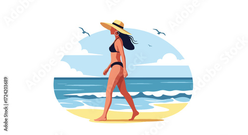 Flat style illustration of a woman in a bikini walking along the beach with waves and seagulls, symbolizing summer vacation, relaxation, seaside lifestyle, and coastal travel inspiration