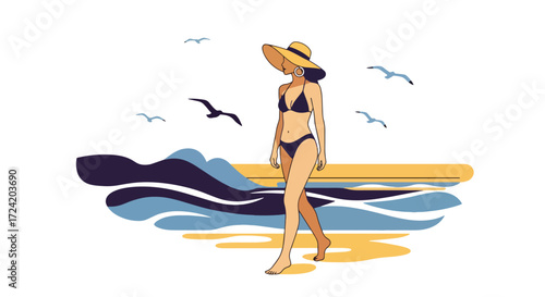 Flat style illustration of a woman in a bikini walking along the beach with waves and seagulls, symbolizing summer vacation, relaxation, seaside lifestyle, and coastal travel inspiration