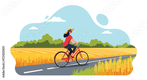 Flat style illustration of a woman riding a bicycle through golden wheat fields on a sunny day, symbolizing summer freedom, countryside lifestyle, health, and eco-friendly travel