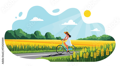 Flat style illustration of a woman riding a bicycle through golden wheat fields on a sunny day, symbolizing summer freedom, countryside lifestyle, health, and eco-friendly travel