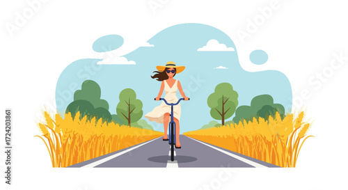Flat style illustration of a woman riding a bicycle through golden wheat fields on a sunny day, symbolizing summer freedom, countryside lifestyle, health, and eco-friendly travel