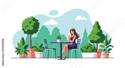 Flat style illustration of a woman enjoying coffee at an outdoor café with city skyline in the background, symbolizing urban lifestyle, relaxation, leisure, and modern city living