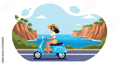 Flat style illustration of a woman riding a scooter along a scenic coastal road with cliffs and ocean views, symbolizing summer travel, adventure, freedom, and vacation lifestyle