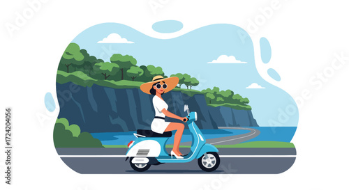 Flat style illustration of a woman riding a scooter along a scenic coastal road with cliffs and ocean views, symbolizing summer travel, adventure, freedom, and vacation lifestyle